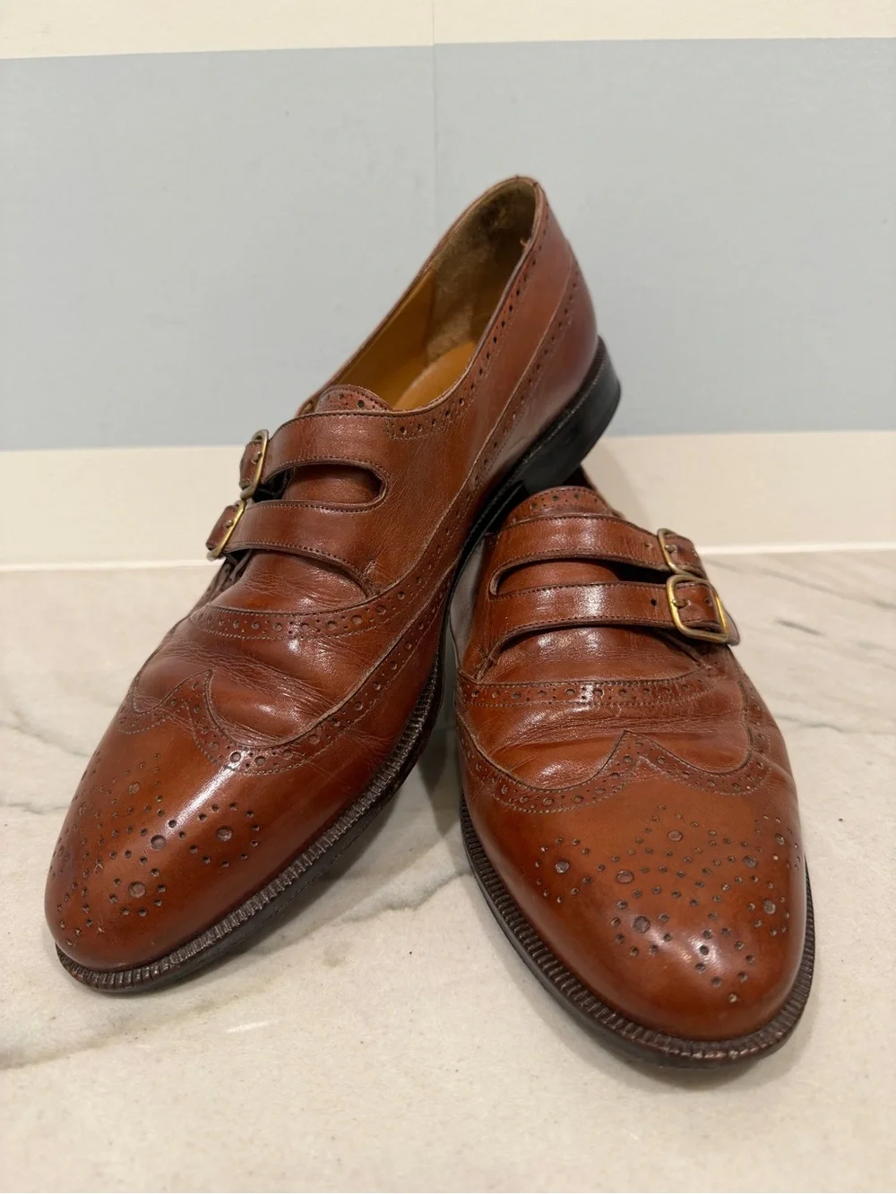 Mezlan Men's Brown Double Monk Wingtip Leather Shoes Geneva Made in Spain size 9